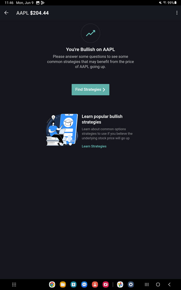 The options wizard find strategies button on the Android Tablet